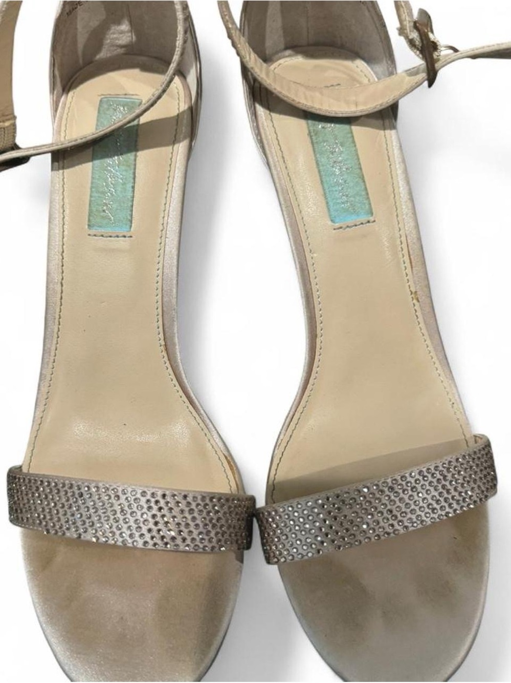 Betsey Johnson Beige and Silver Crystal-Embellished Ankle Strap Heels
